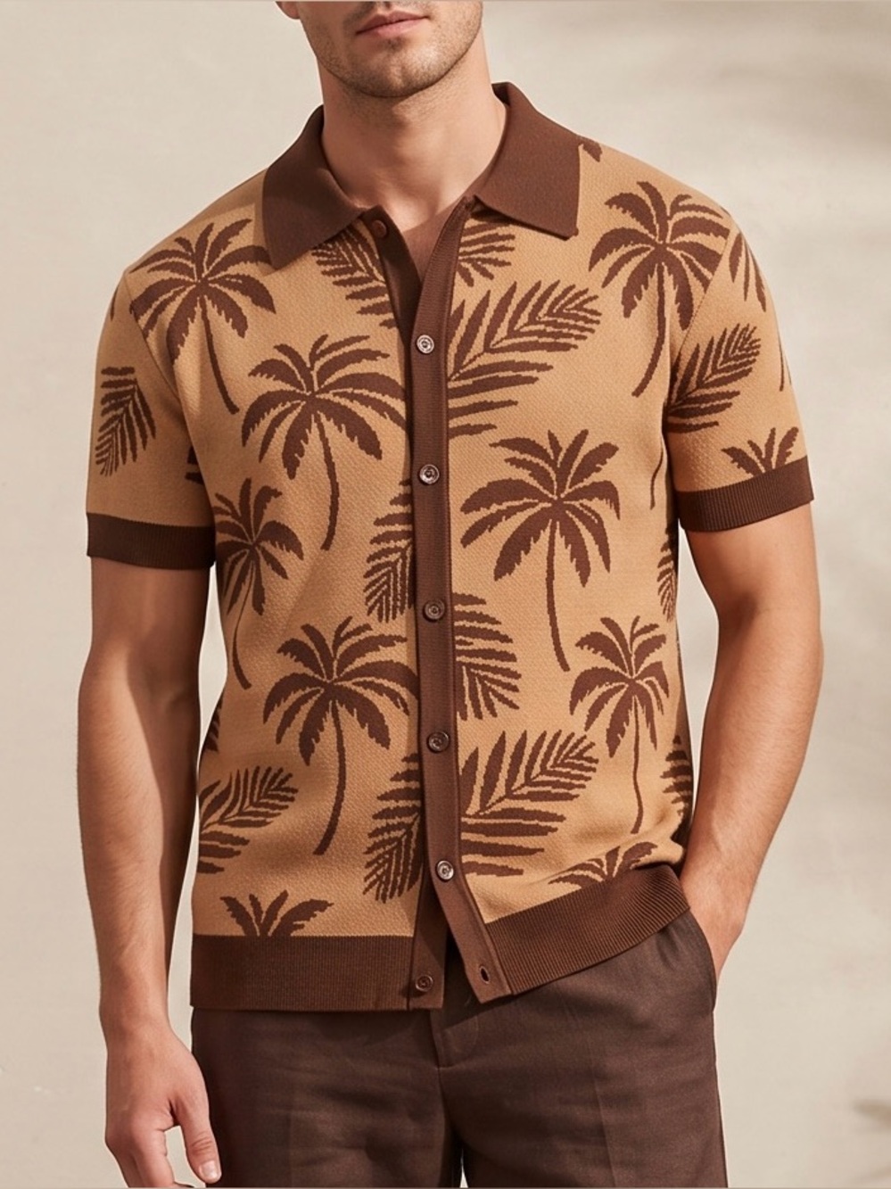 OXKnit Men’s Button Down Knit Shirt Size XL Short Sleeve Collared Tropical Leaf